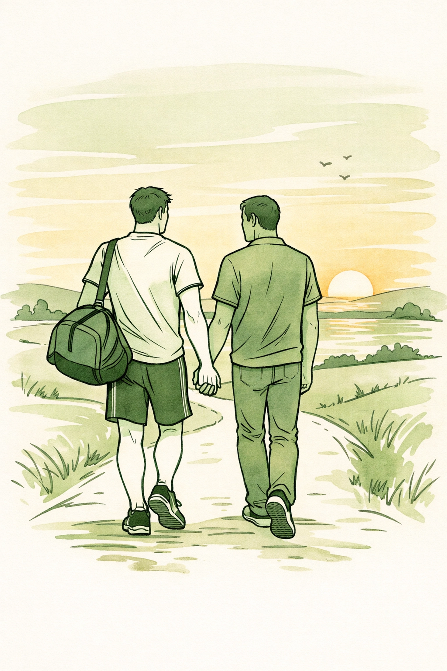 Gay athlete and partner walking toward a sunrise, representing a shared journey in LGBTQ+ fiction.