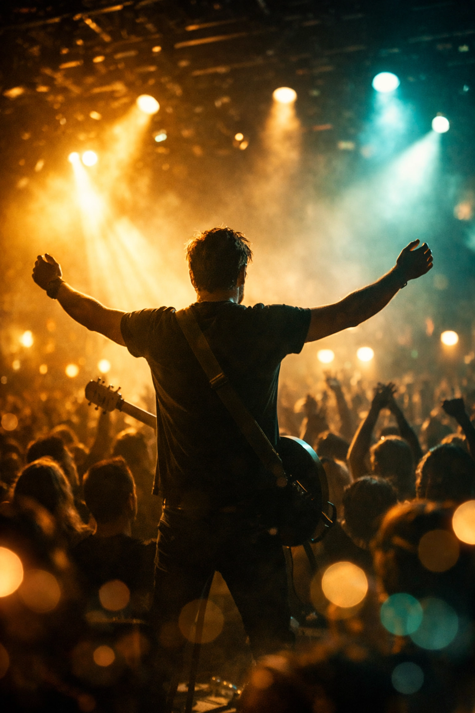 A successful independent artist performing on stage in front of a large crowd at a high-energy venue.