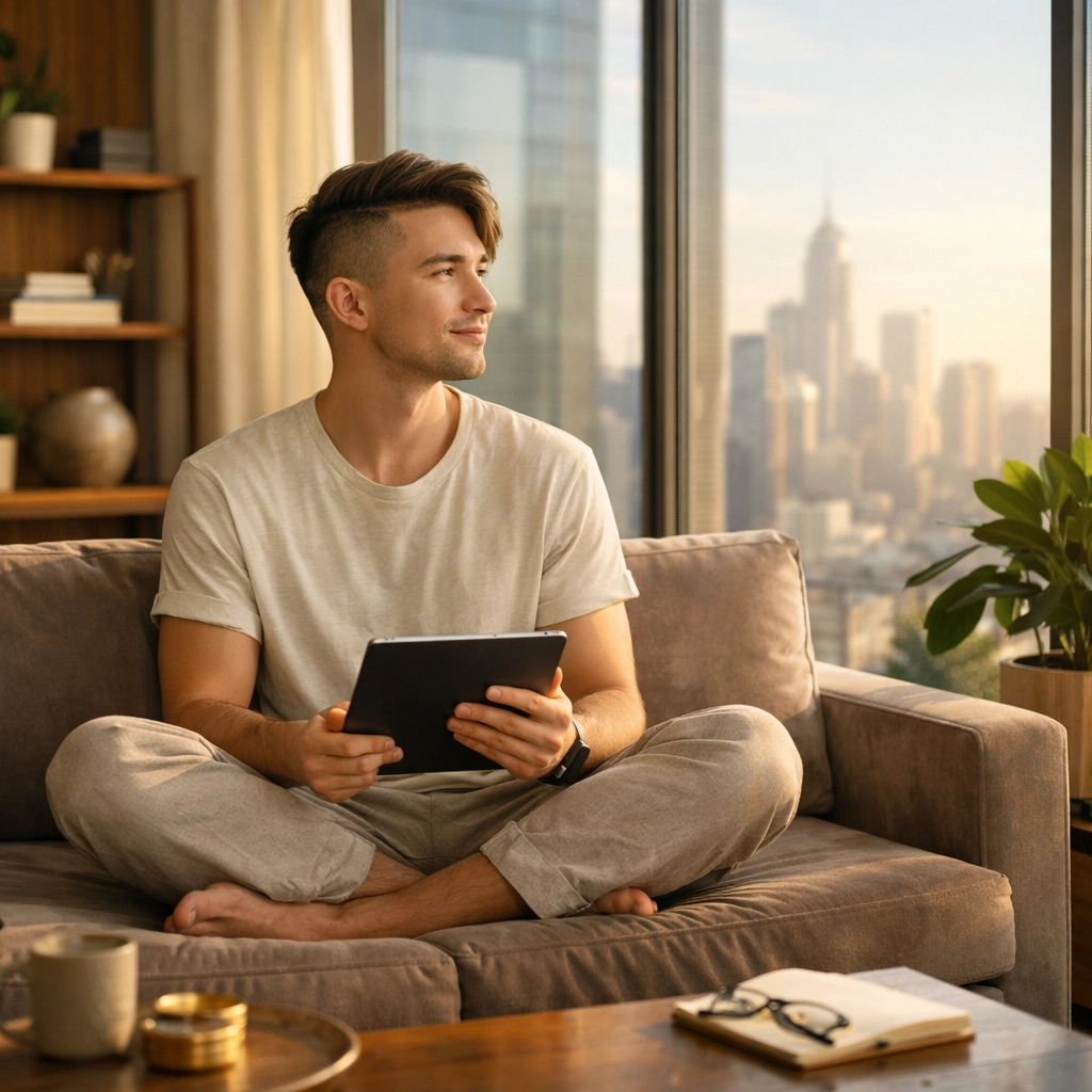 A gay man in a modern loft reflecting on intentional living and financial independence in 2026.