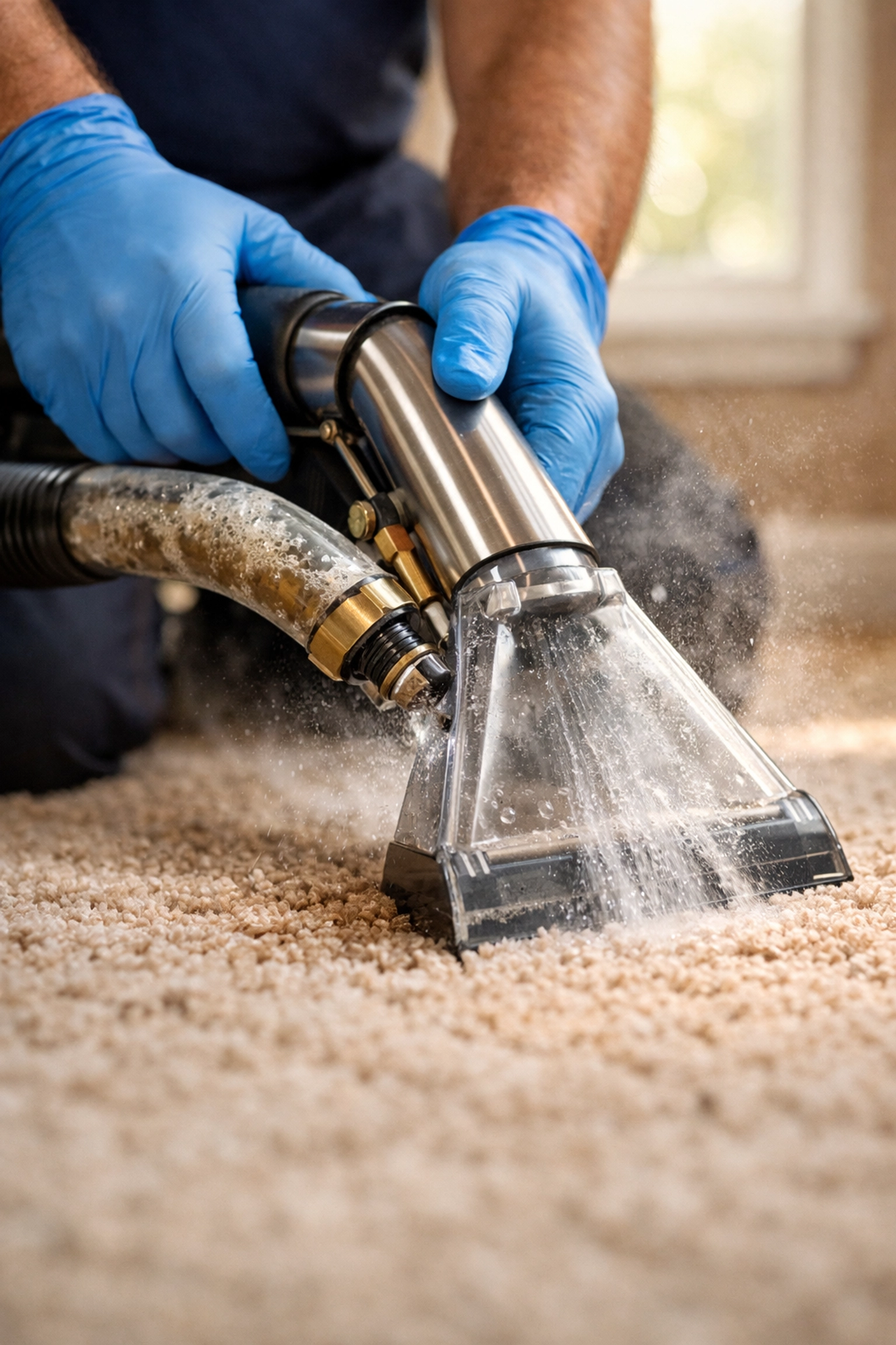 Professional hot water extraction carpet cleaning process removing deep dirt and allergens