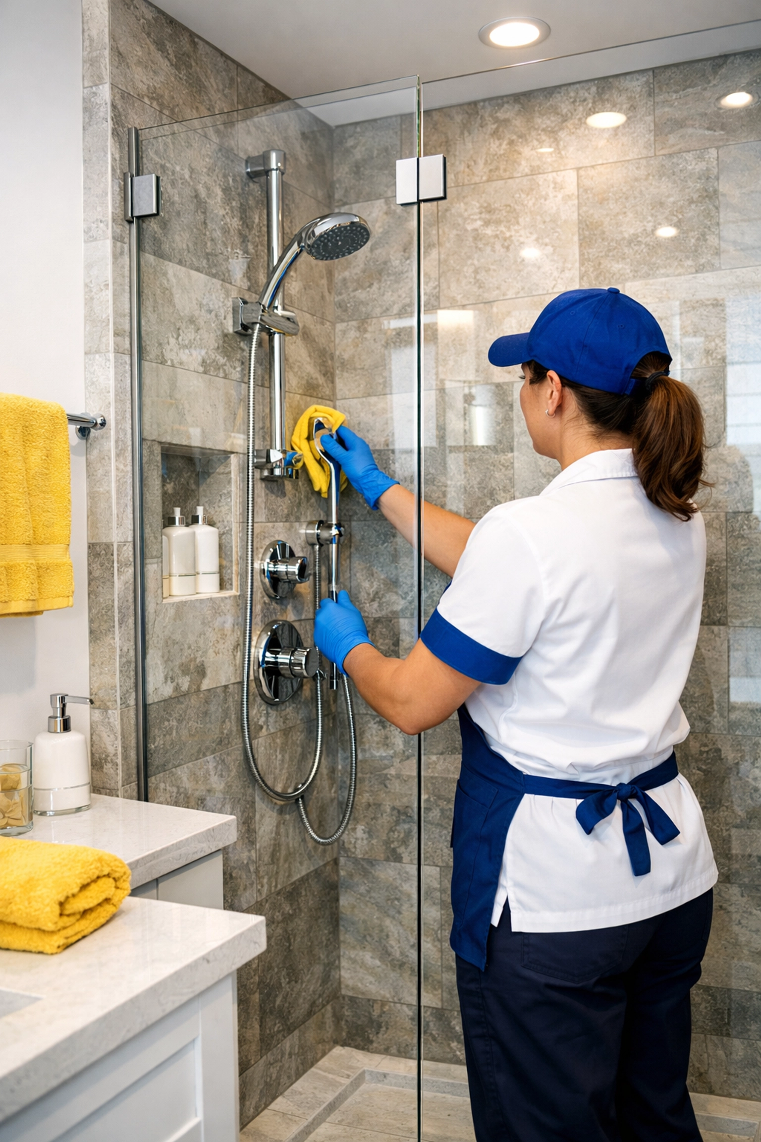 Professional cleaner inspecting a sparkling glass shower and stone tile bathroom in Lunenburg.