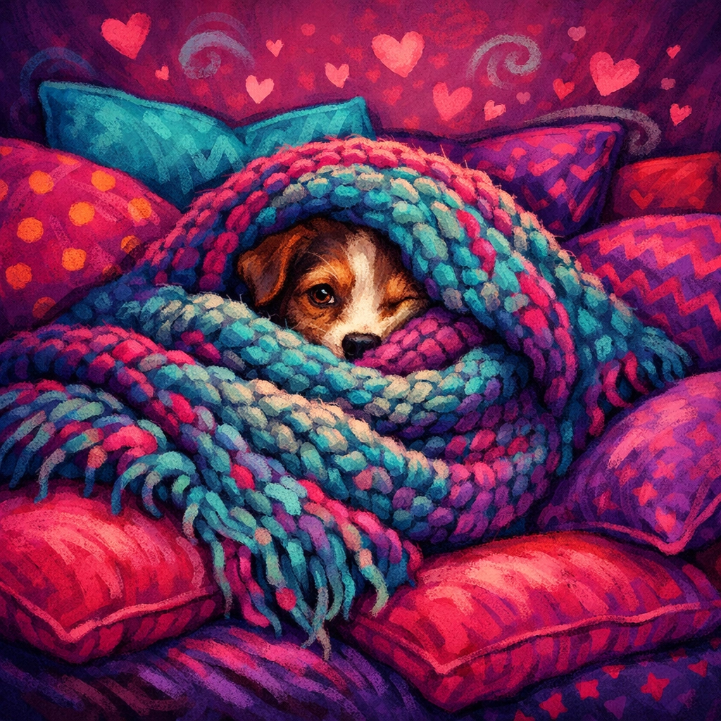 A rescue dog snuggled in blankets to illustrate building trust and the 3-3-3 rule in a foster home.