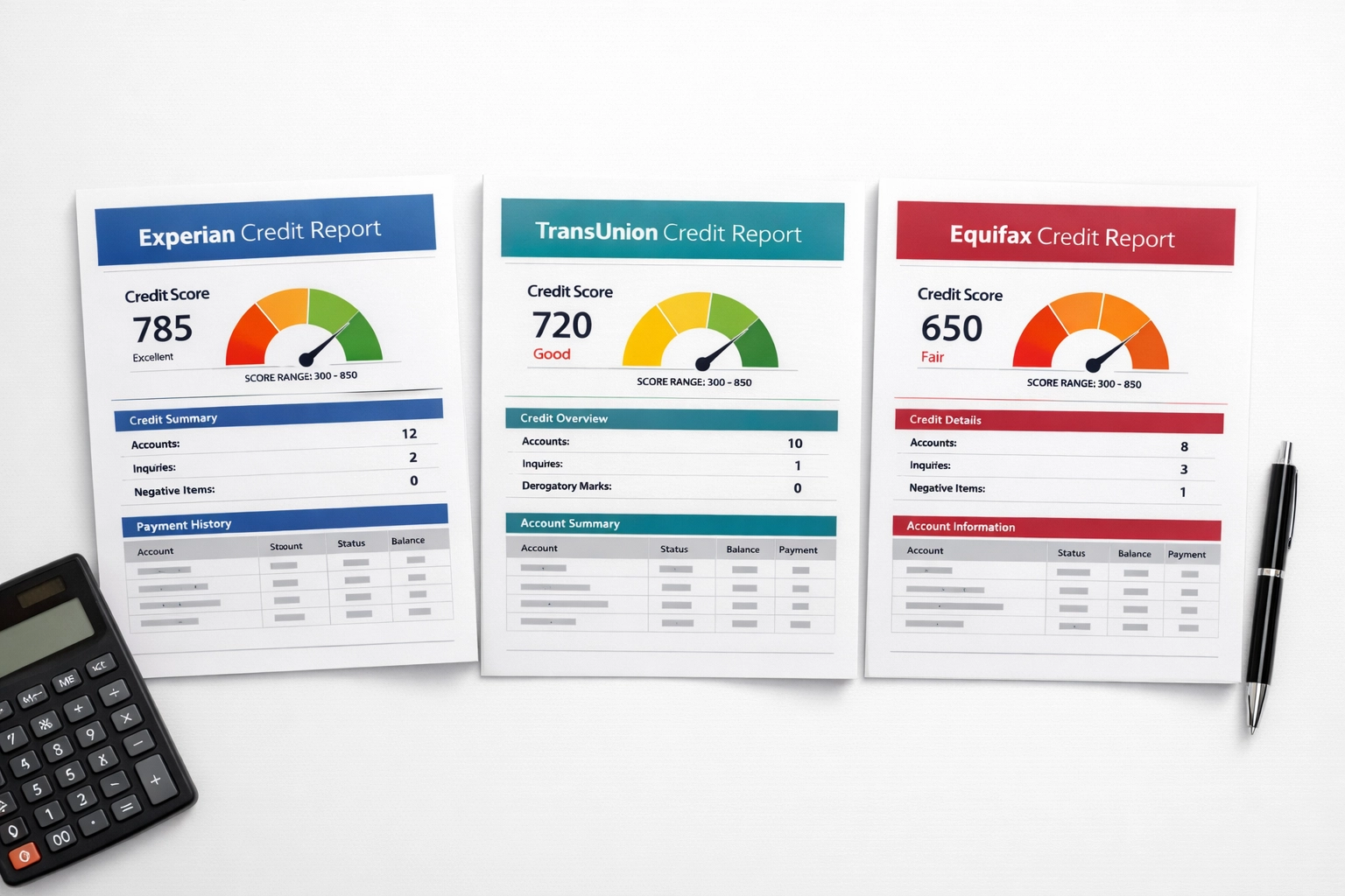 Three credit bureau reports laid out with calculator showing credit score factors