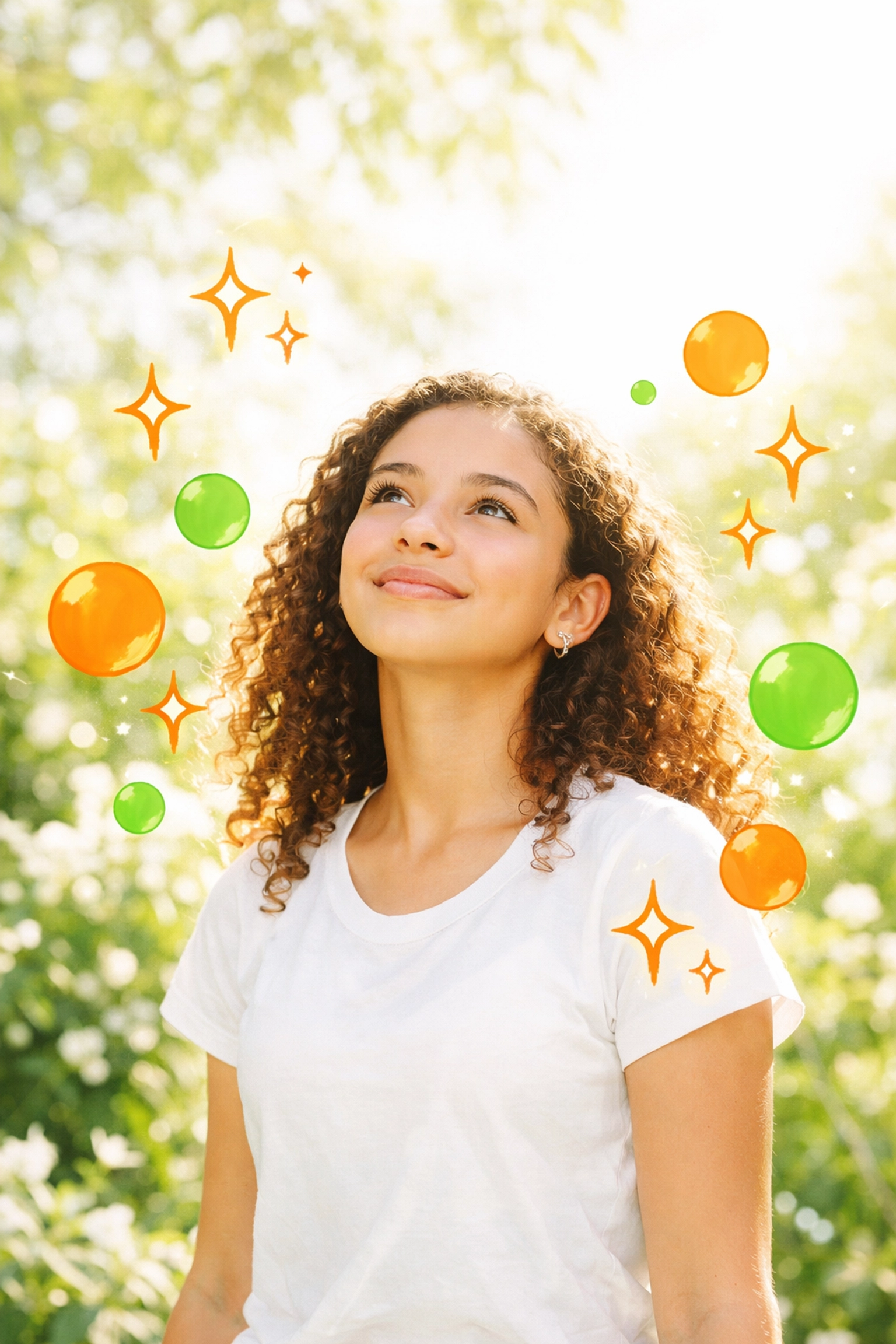 Inspired teenage girl discovering her divine purpose and God-given strengths in a bright garden.