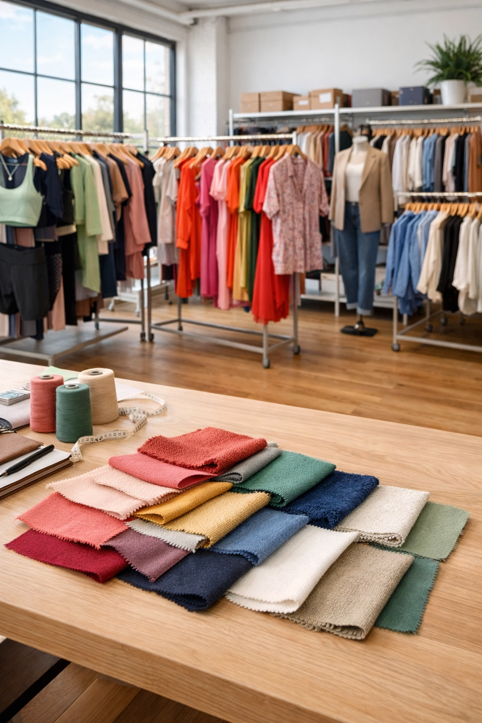 Organized clothing racks in Australian fashion wholesale warehouse with fabric swatches