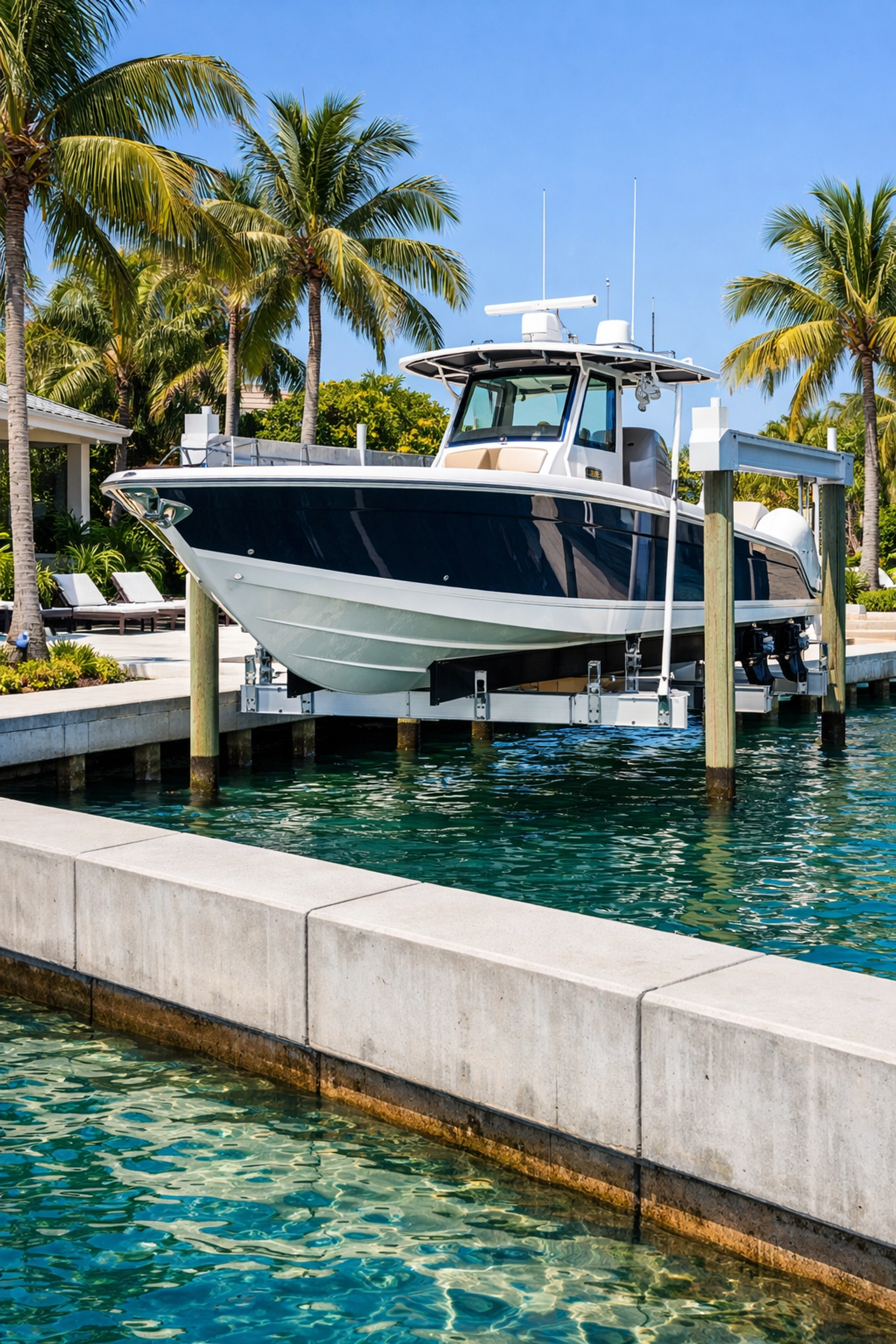 A modern powerboat on a private lift over a well-maintained concrete seawall at a Cape Coral home.