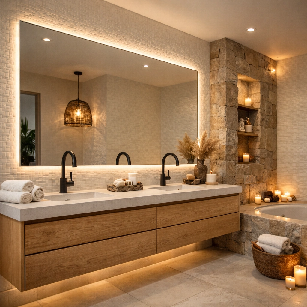 Spa-like bathroom renovation Orlando with floating vanity and modern fixtures for luxury retreat