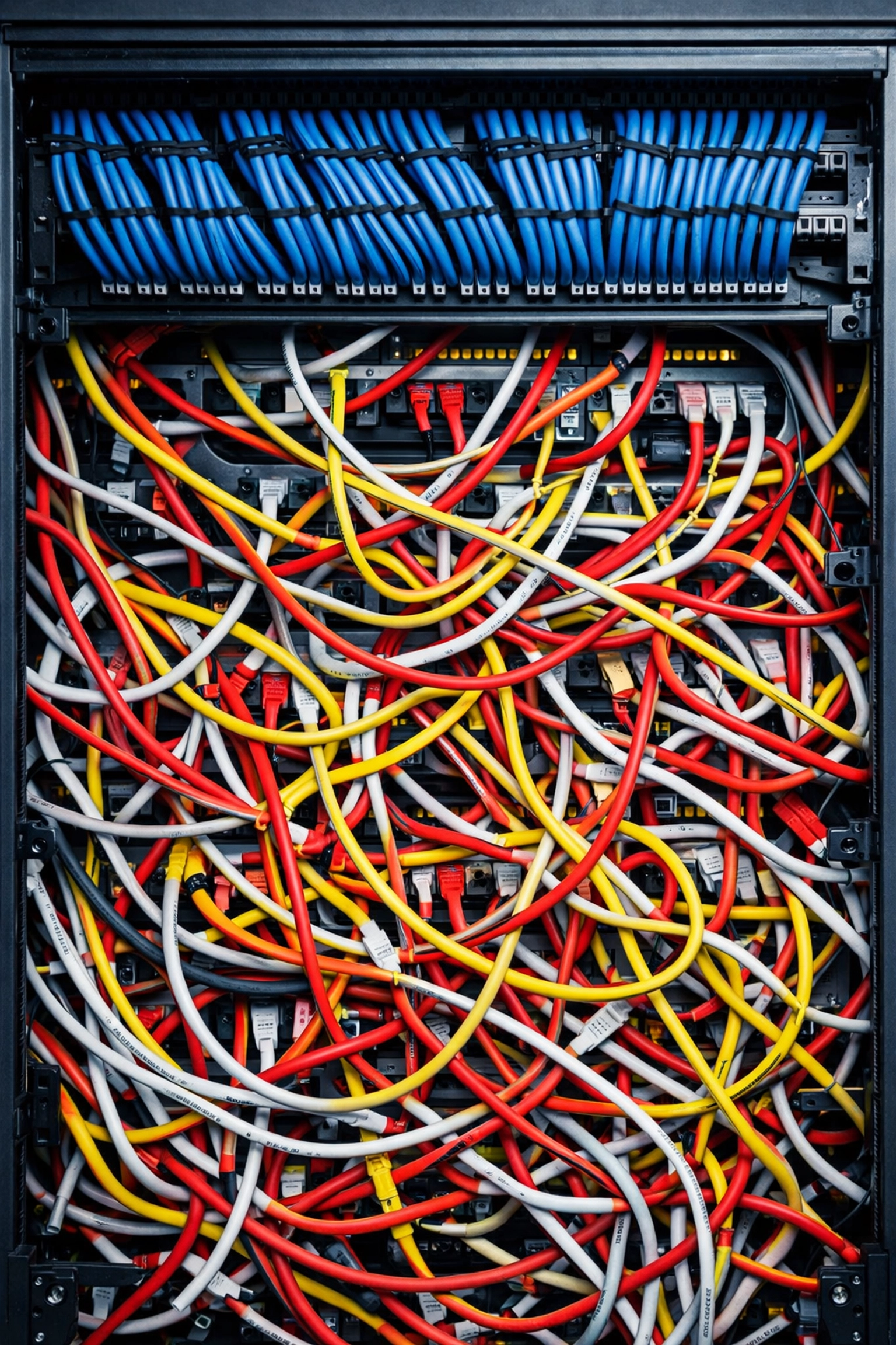 A messy server rack with tangled cables representing the hidden cost of healthcare IT customization.