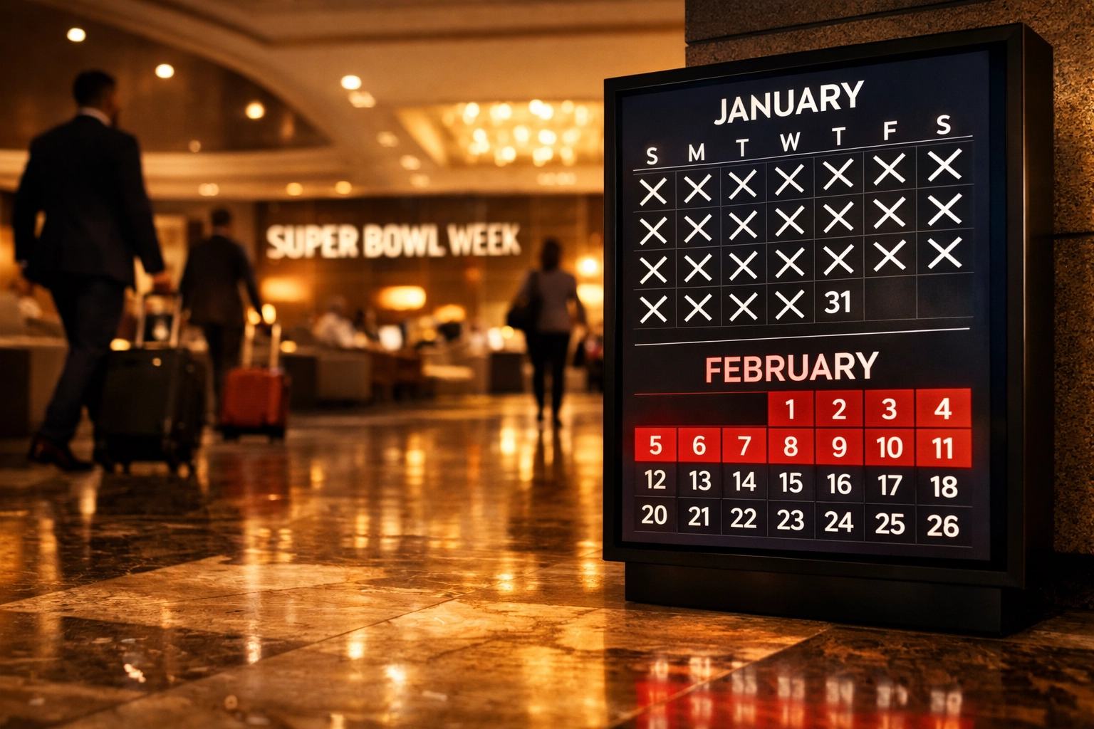 Luxury hotel lobby calendar showing Super Bowl booking deadlines for executive travel planning