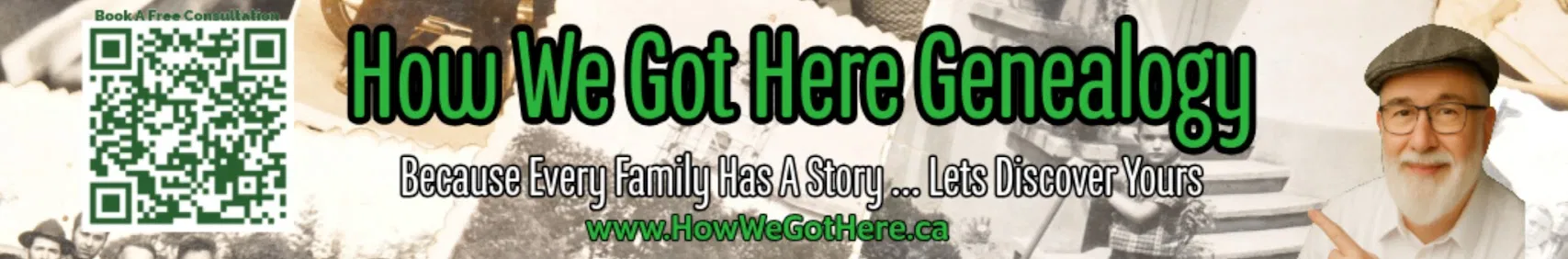 Friendly genealogist inviting readers to book a citizenship consultation for Bill C-3 assistance. A friendly bearded man pointing toward a call to action for genealogy services.