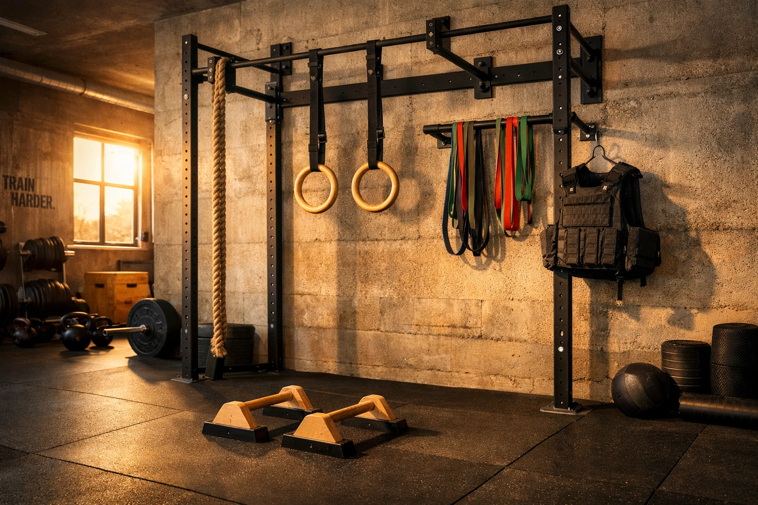 Complete home calisthenics equipment setup with rings, rope, and resistance bands