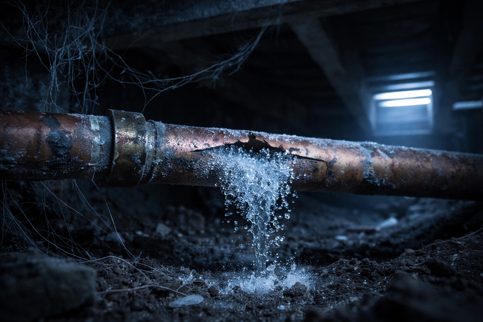 Frozen split copper pipe in Louisiana crawl space during winter hard freeze conditions