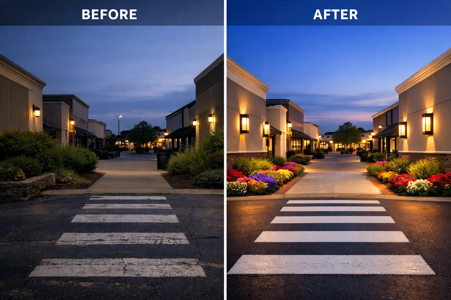 Shopping center entrance with updated landscape lighting and seasonal flowers for improved curb appeal