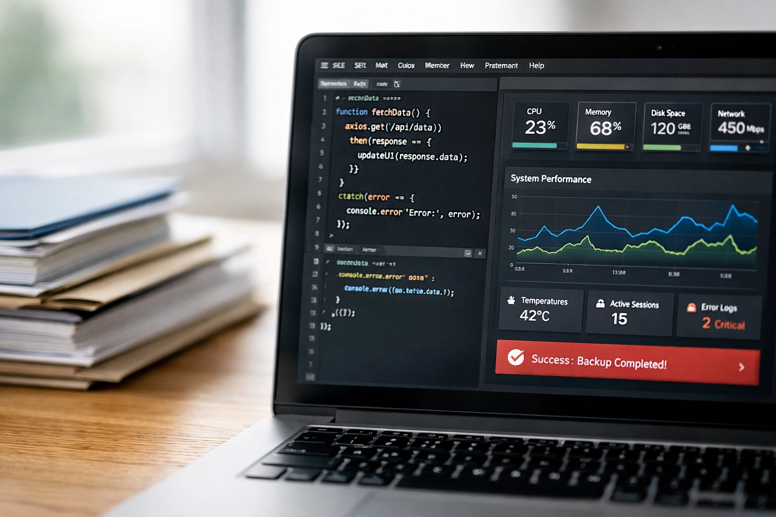 Successful platform modernization results displayed on a digital dashboard in a professional office.