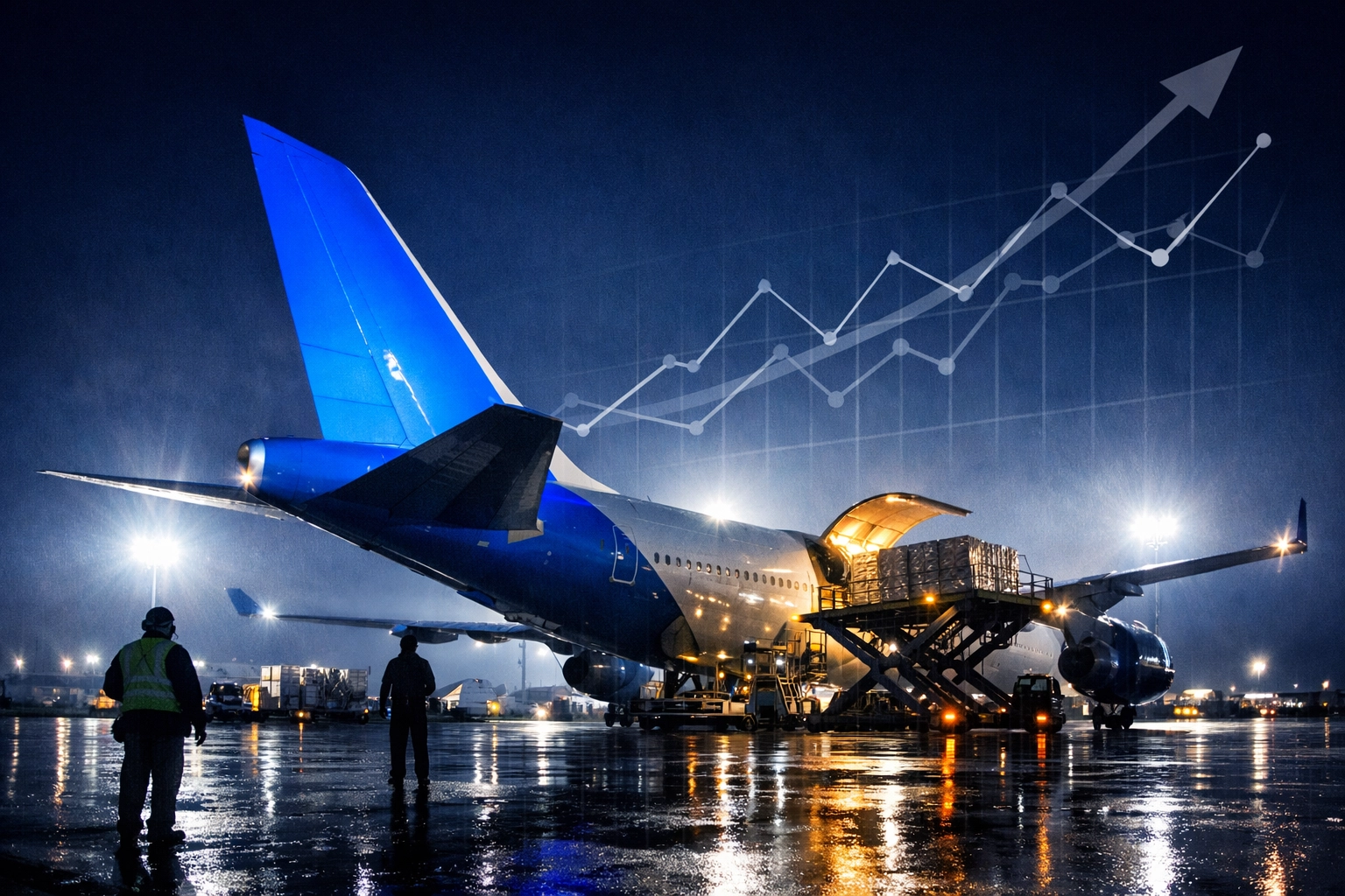 Cargo aircraft loading at night as air freight demand surges during global shipping disruptions.