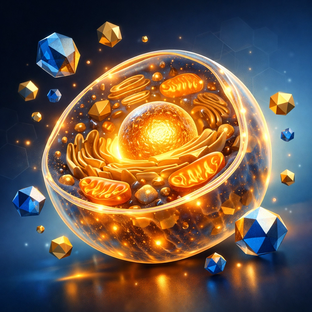 Human cell absorbing essential minerals for optimal cellular nutrition and energy production