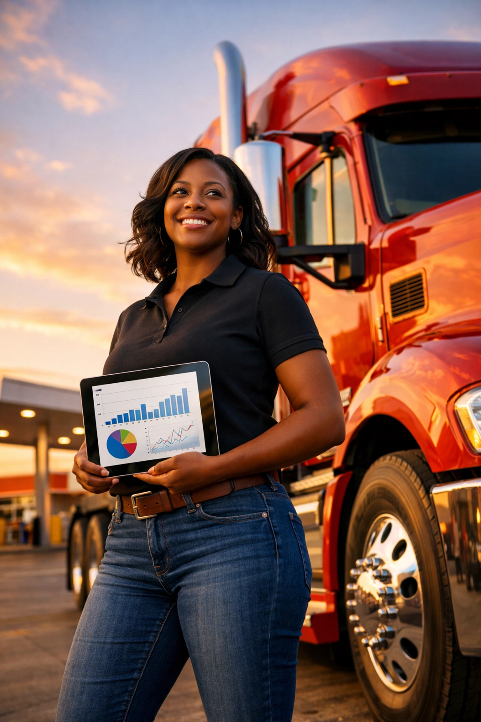 Female trucking business owner reviewing financial data on tablet beside semi-truck