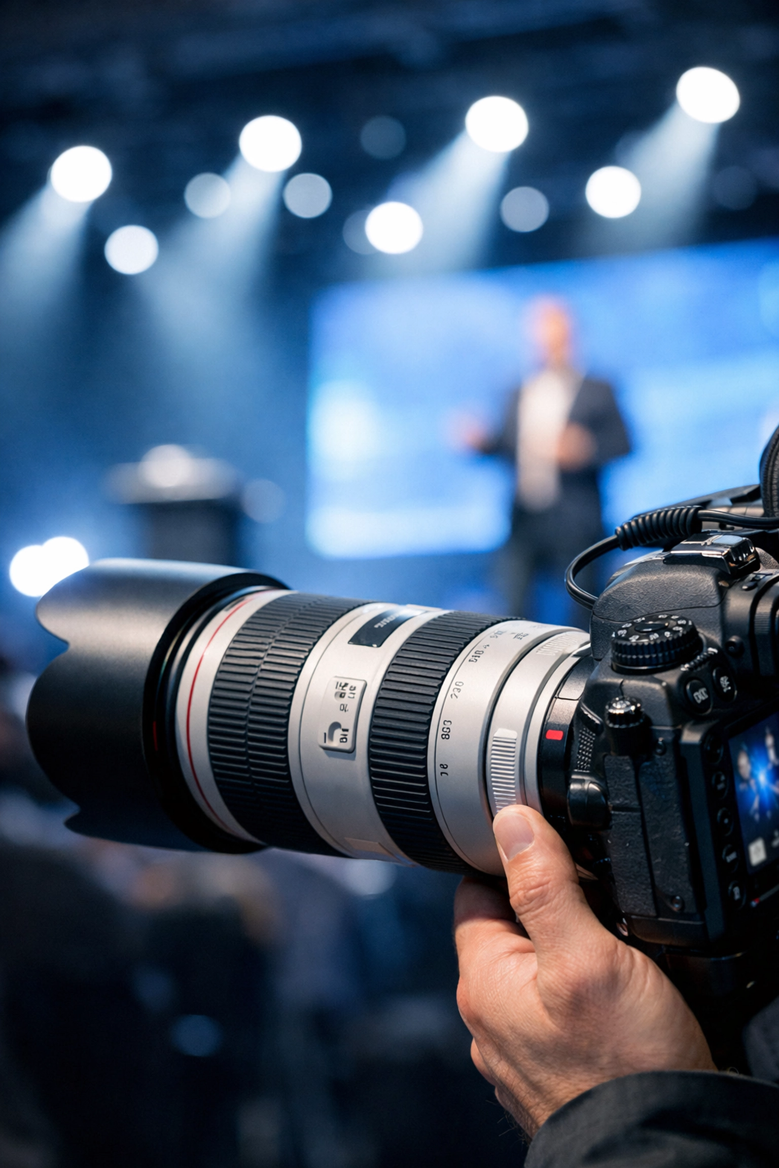Professional corporate event photographer Miami using a telephoto lens at a business conference.