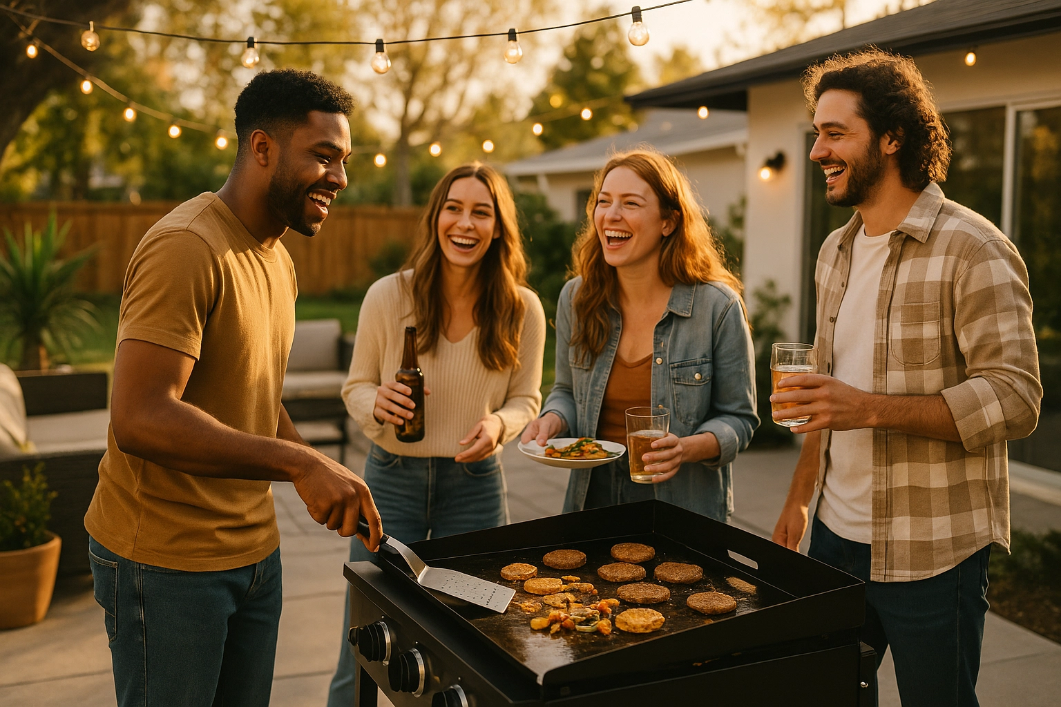 Friends enjoying a cookout around an outdoor natural gas griddle on a sunny modern patio, showcasing group entertaining