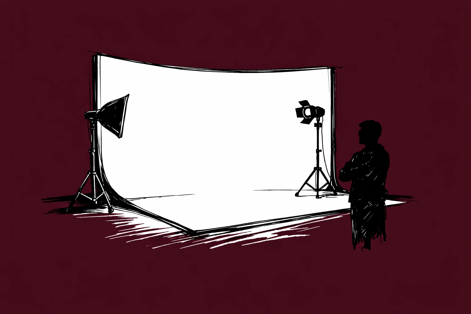Empty cyclorama studio space with basic lighting equipment showing static rental room setup