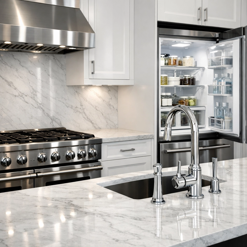 Modern high-end kitchen deep cleaned for tenant move-in featuring spotless stainless steel and marble.