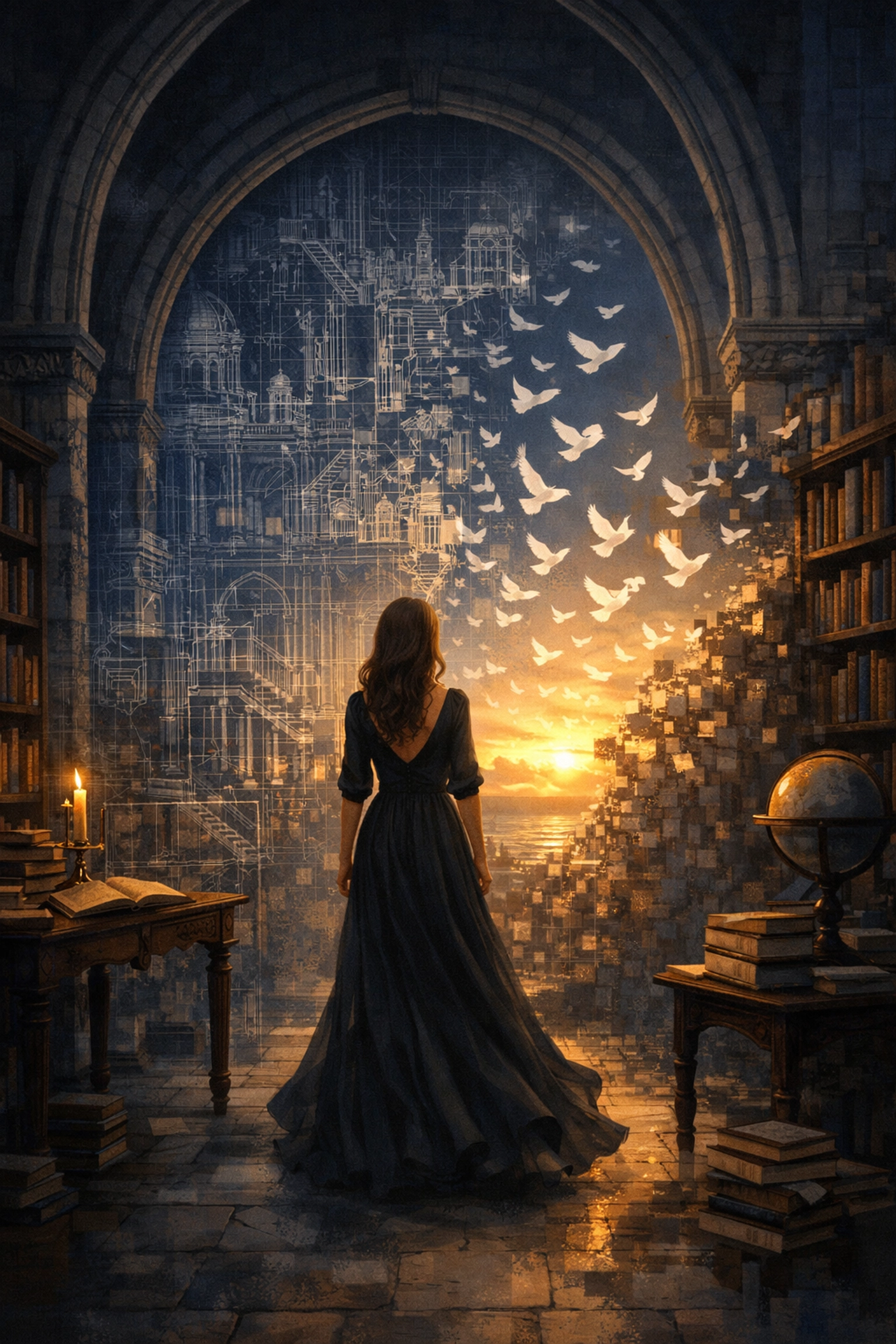 A woman in a library as blueprint walls dissolve into birds, representing the release of old internal patterns.