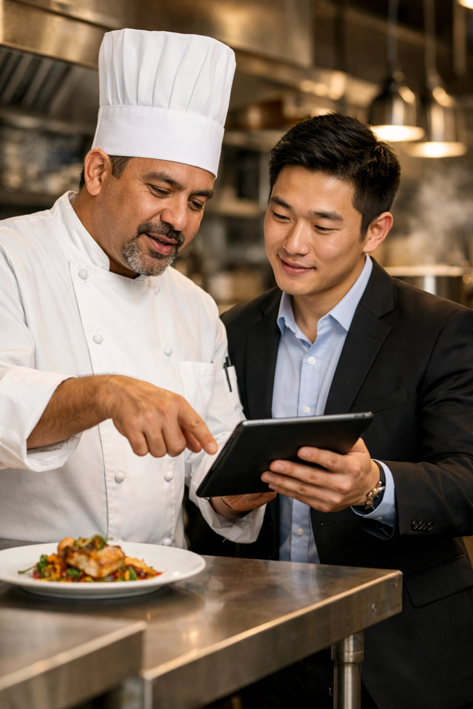 Chef and manager auditing labor efficiency and restaurant SOPs using a tablet in a professional kitchen.