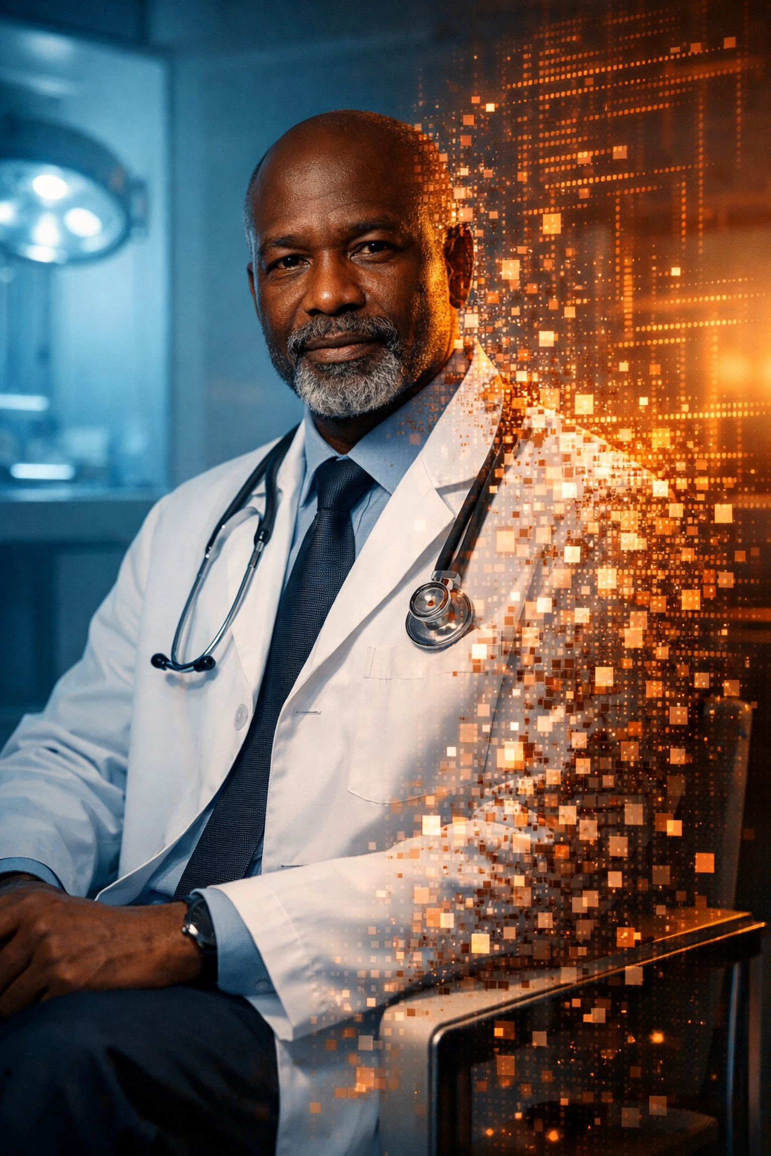 A doctor in a lab coat dissolving into digital code, representing synthetic AI authority and ethics.