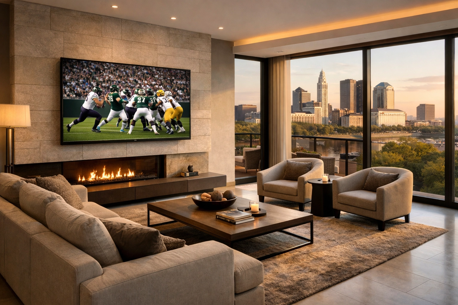 A modern living room in Columbus, Ohio, perfect for watching the big college basketball tournament in a new home.