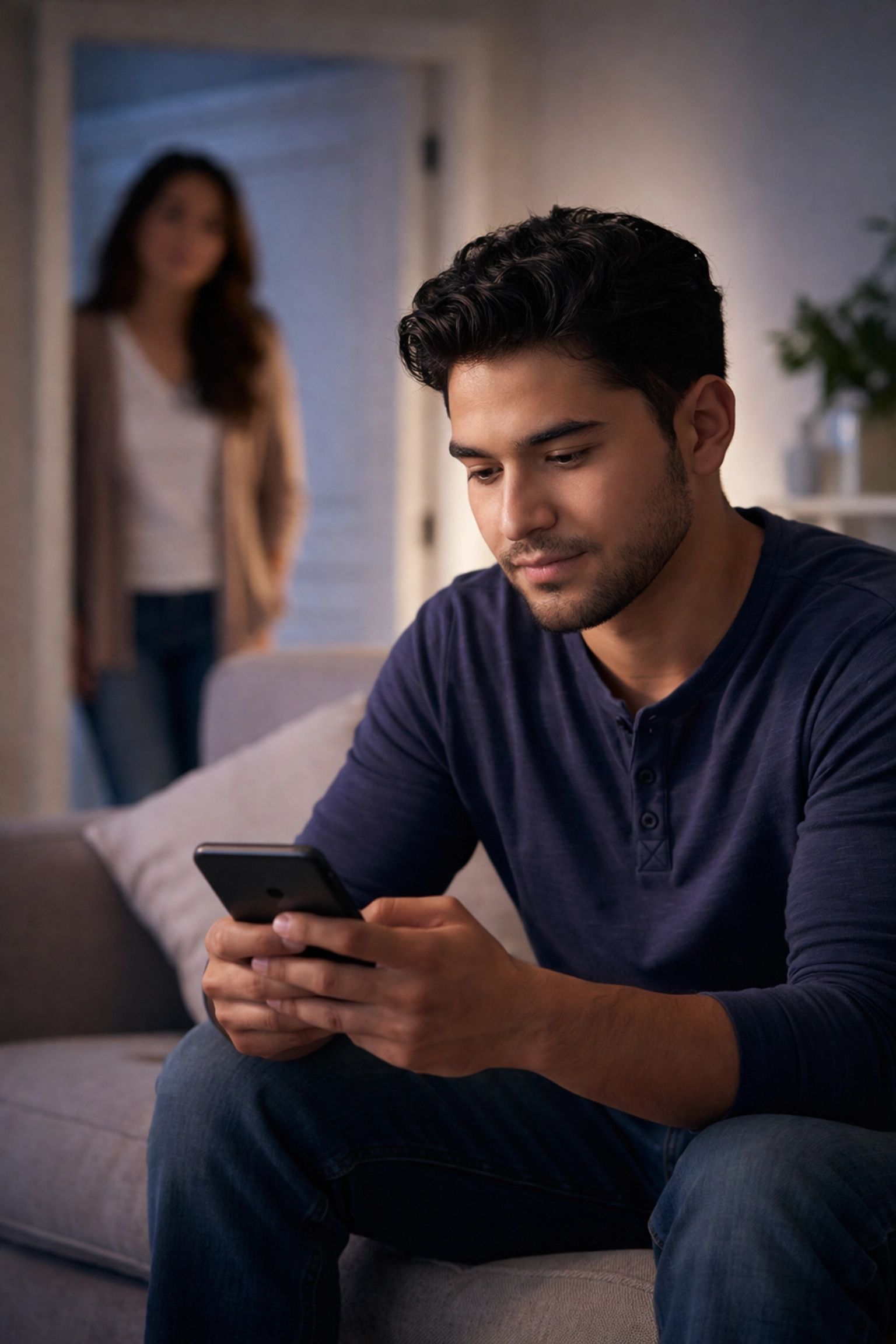 Hispanic man sending calm communication about custody issues, supported by woman nearby