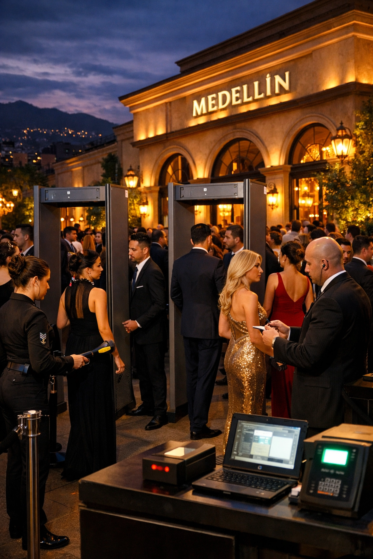 Security personnel screening guests at upscale Medellin event entrance