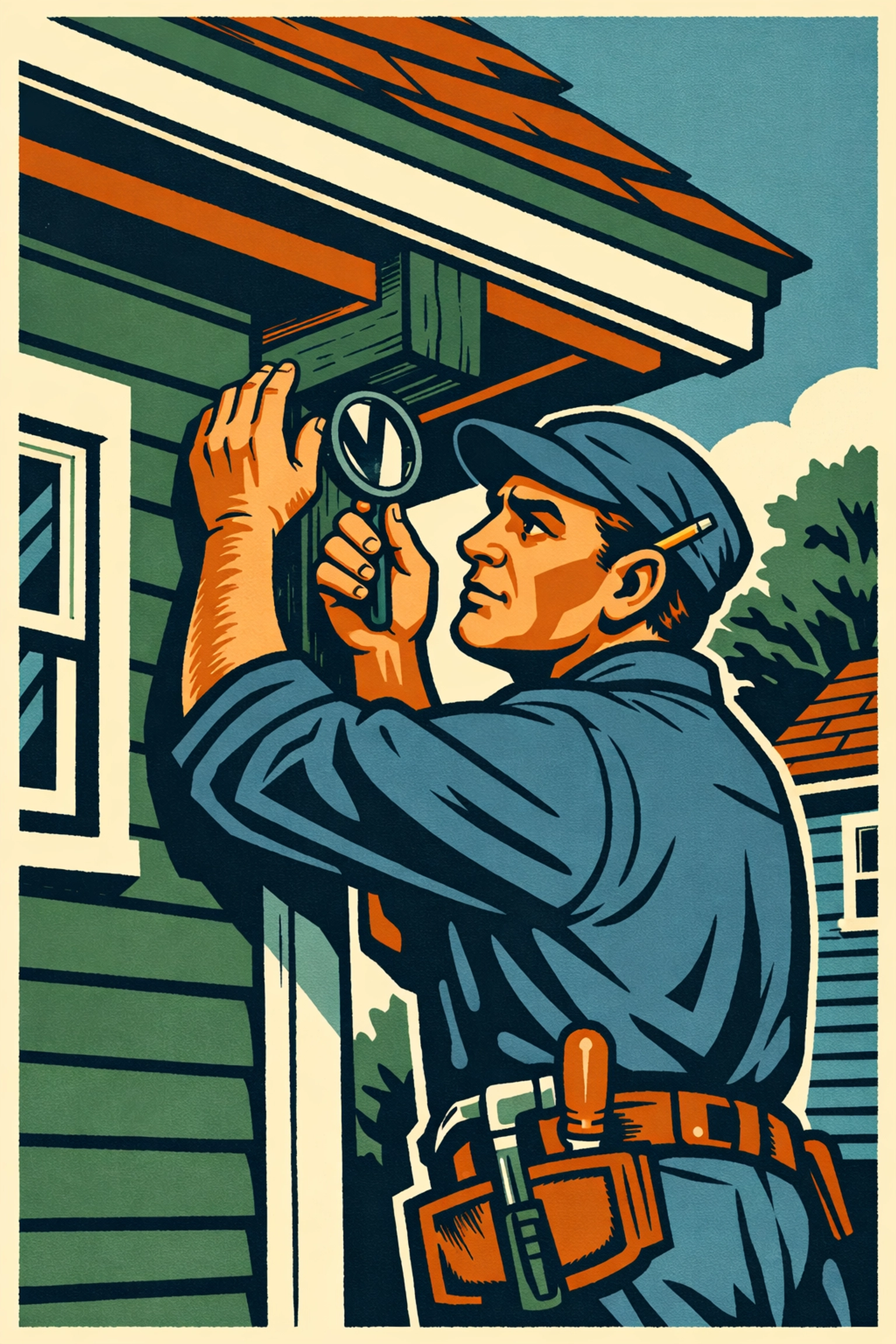 A professional handyman inspecting the exterior carpentry and foundation of a Northwood home.