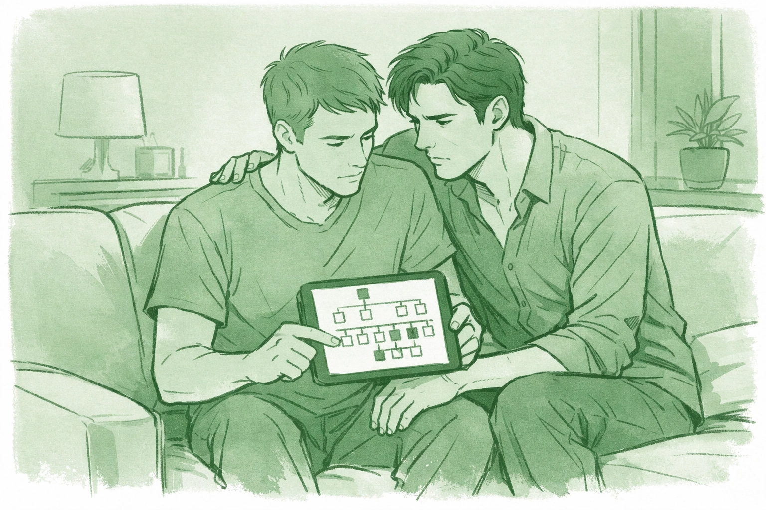 Two men discuss family heritage on tablet in emotional MM romance exploring biological bonds