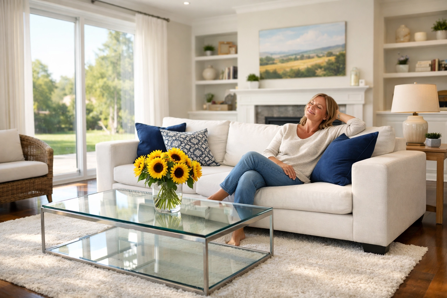 Happy homeowner in a clean Springfield living room after professional weekly house cleaning MA.