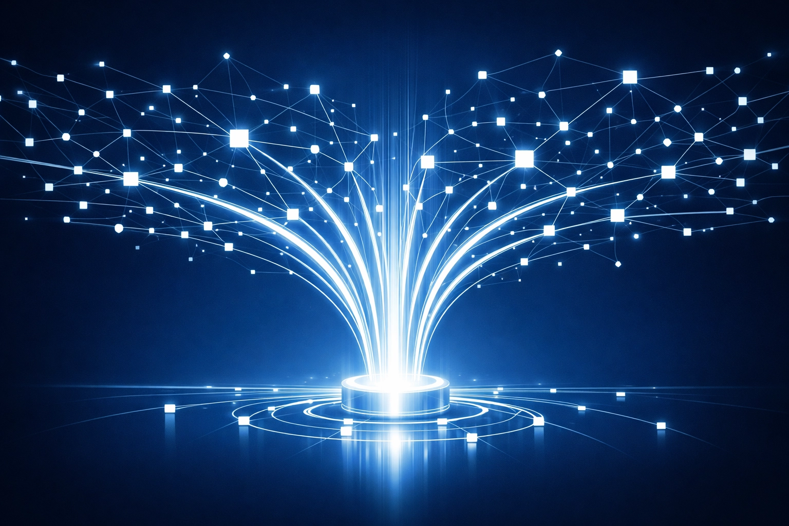 Luminous data hub representing high-speed backend synchronization for a global business ecosystem.