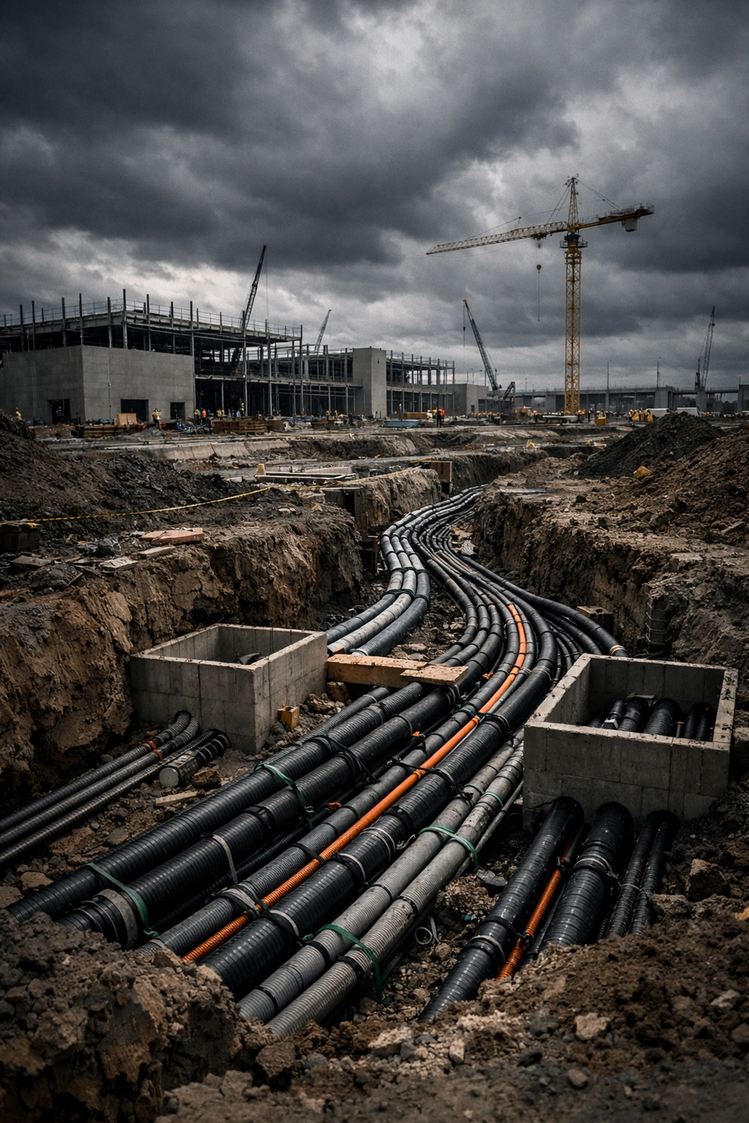 Large data center construction site with open trenches for utility conduits and underground infrastructure.