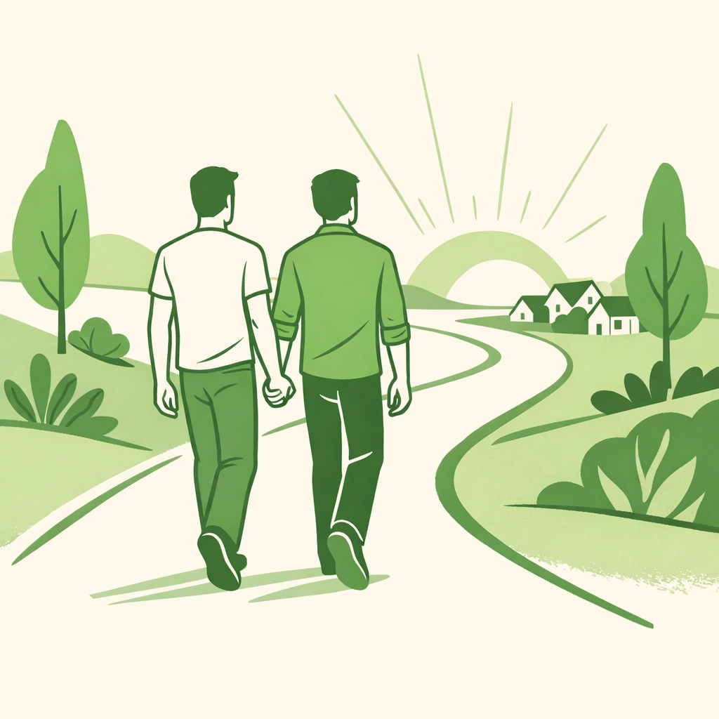 Illustration of a gay couple walking toward the horizon, symbolizing a new chapter and finding chosen family.