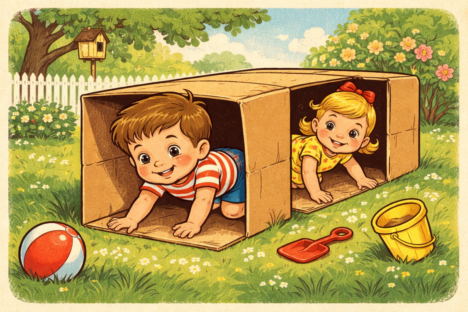 Two children crawl through a cardboard box tunnel on grass, part of a fun DIY backyard obstacle course