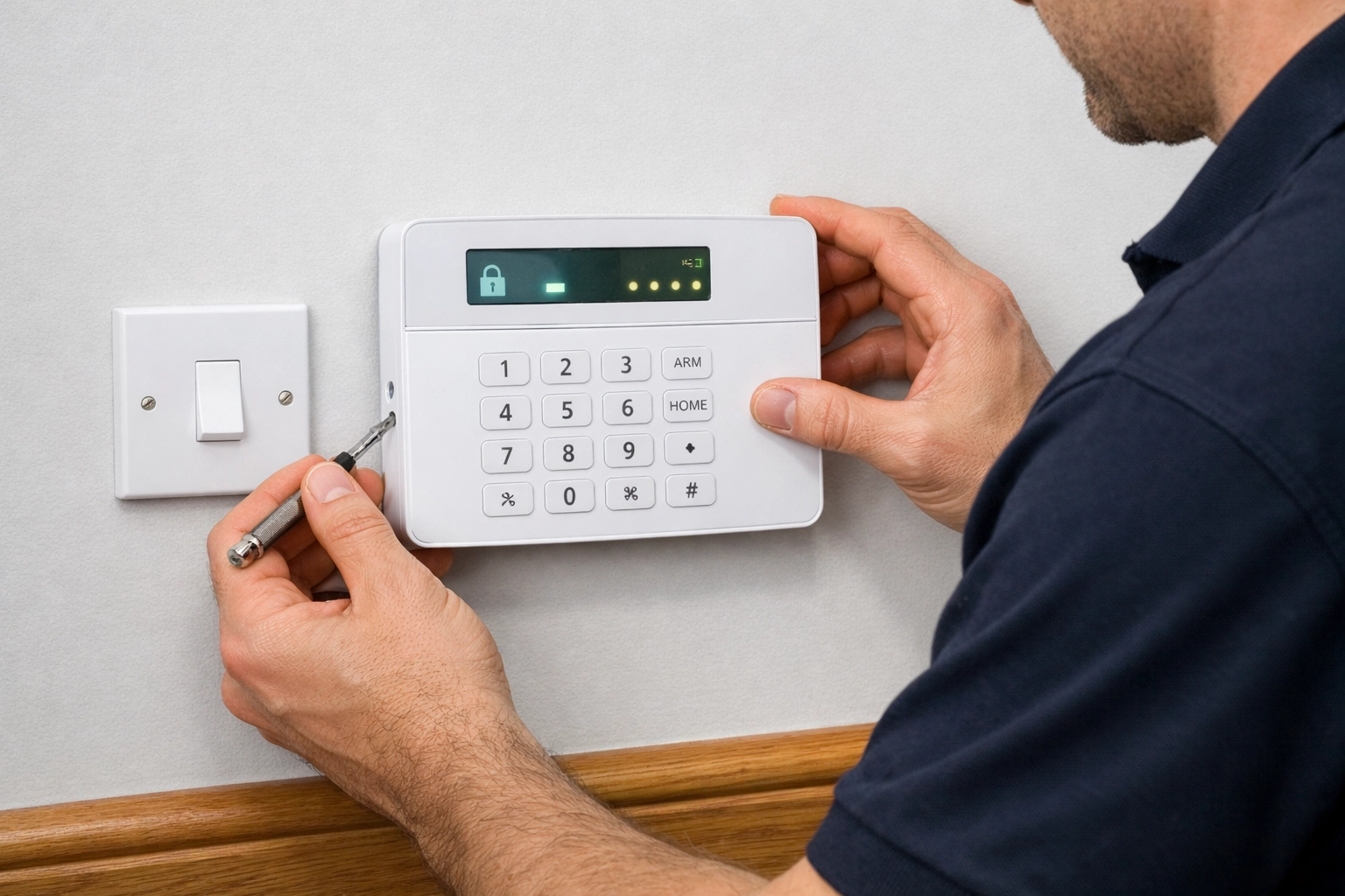 Professional installation of a modern white intruder alarm control panel on a wall in a residential home.