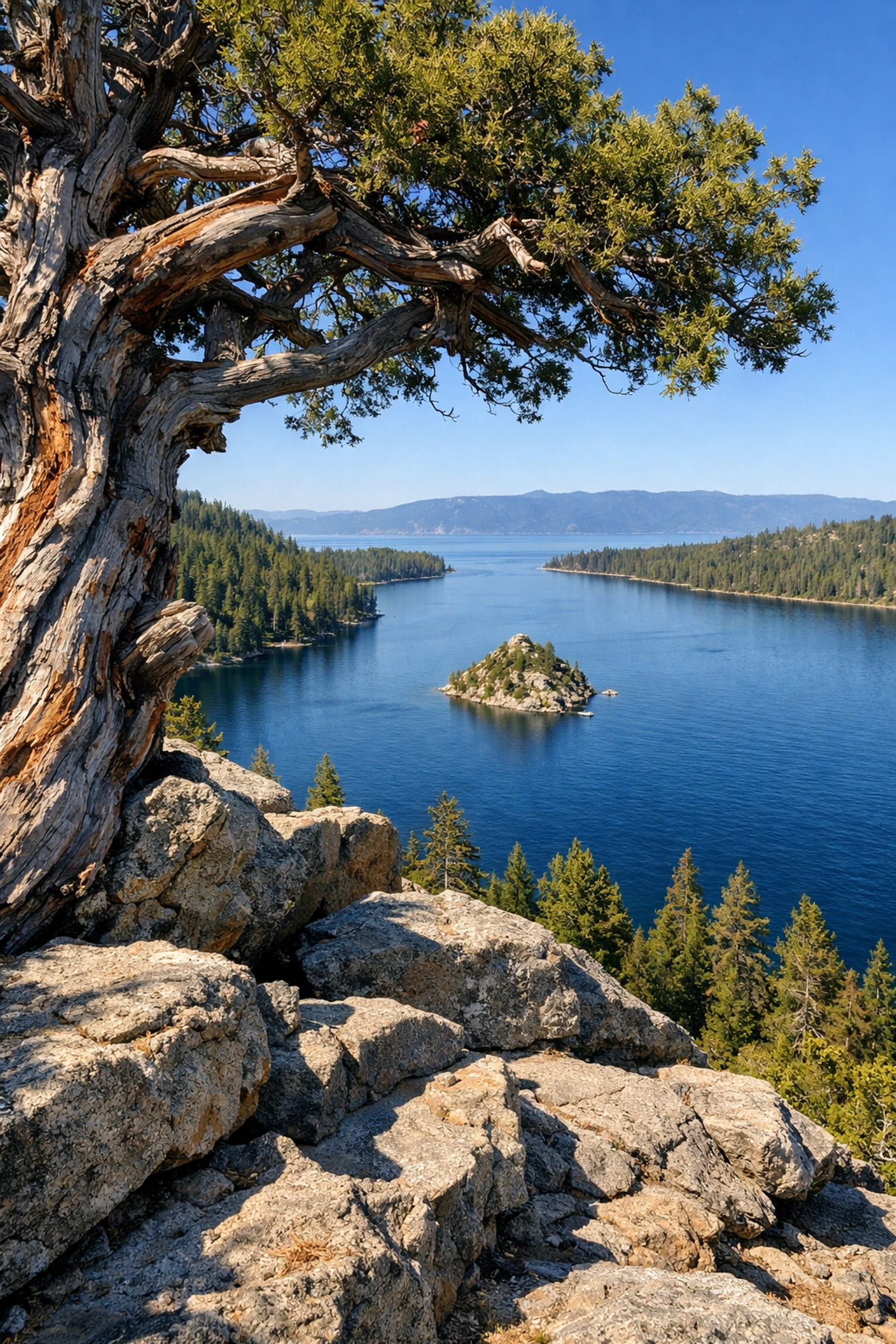 A twisted Sierra Juniper tree framing the scenic view of Fannette Island at Emerald Bay State Park.