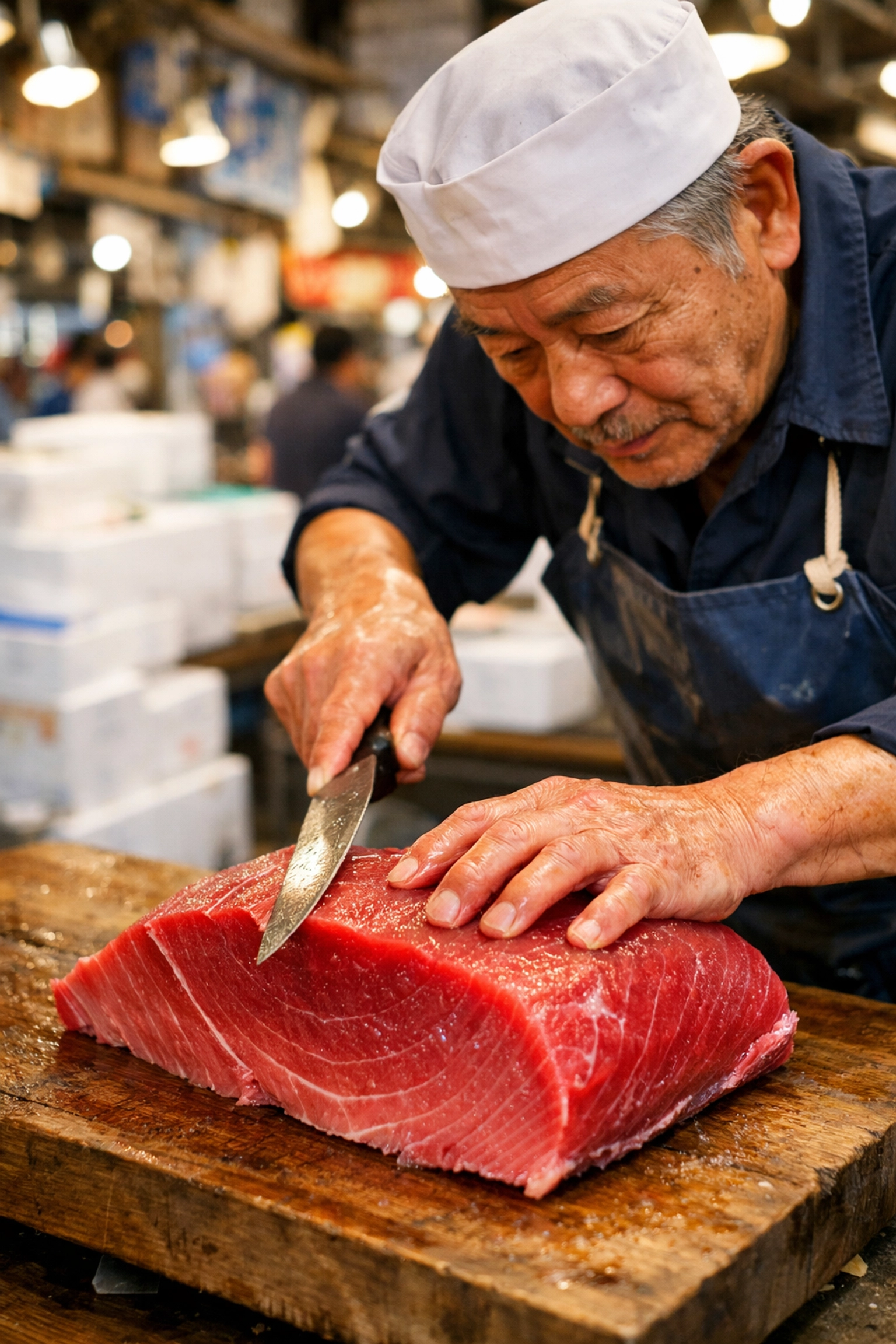 Japanese fishmonger slicing fresh tuna at Tsukiji Market, a perfect scene for street photography.