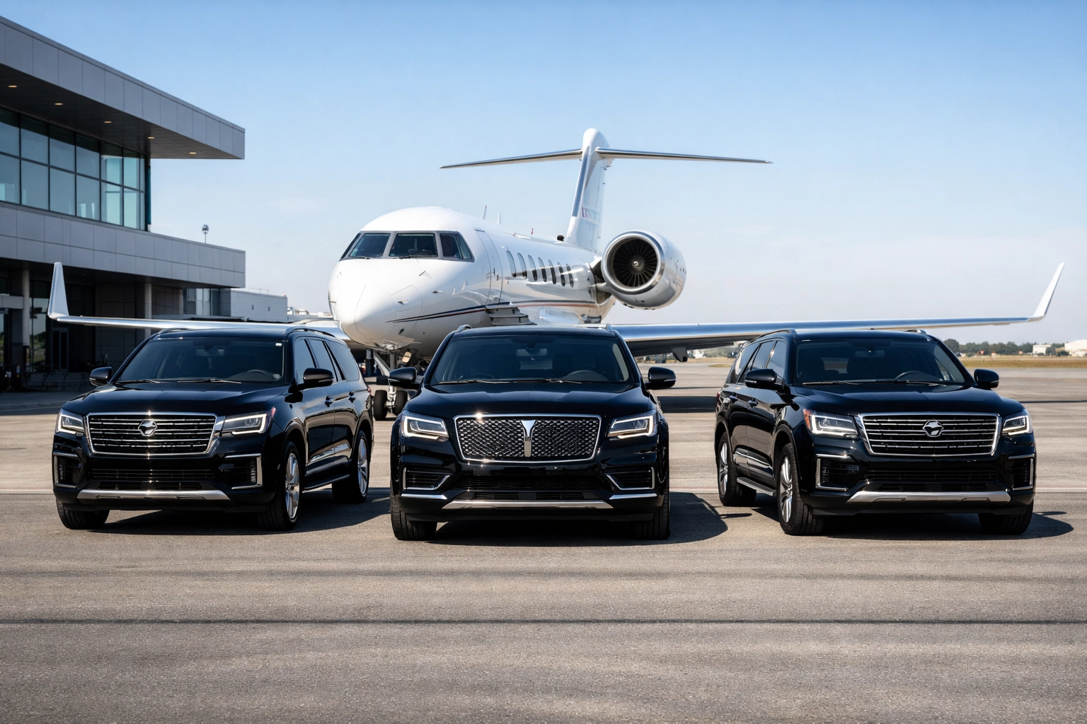 Luxury SUVs and private jet terminal prepared for Super Bowl executive travel and precision logistics.