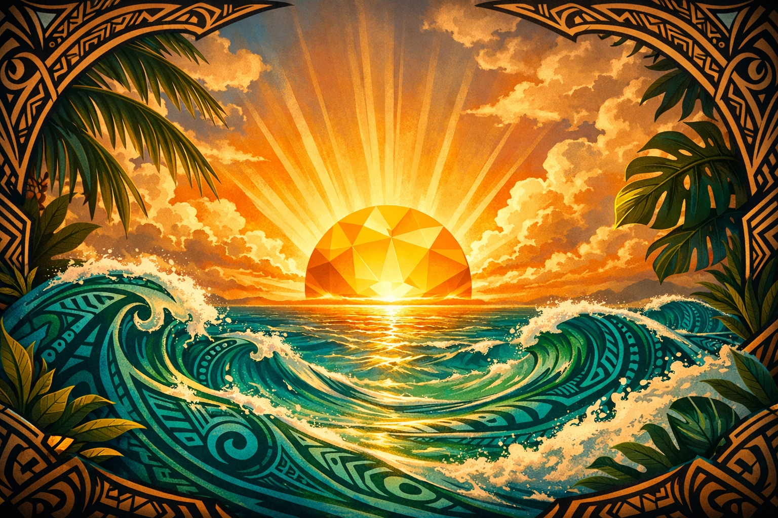 Majestic tropical sunrise illustration with Polynesian motifs for the Talofa Fest 2026 celebration.