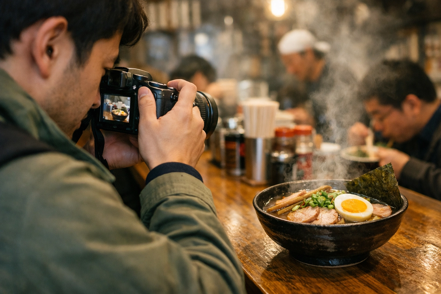 A traveler capturing food photography of ramen in Tokyo, perfect for exploring local dining and photo spots.