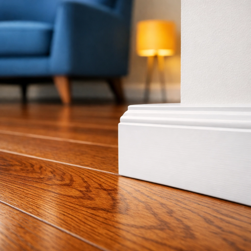 Spotless hardwood floor and baseboard detailing from an eco-friendly house cleaning Leominster MA service.