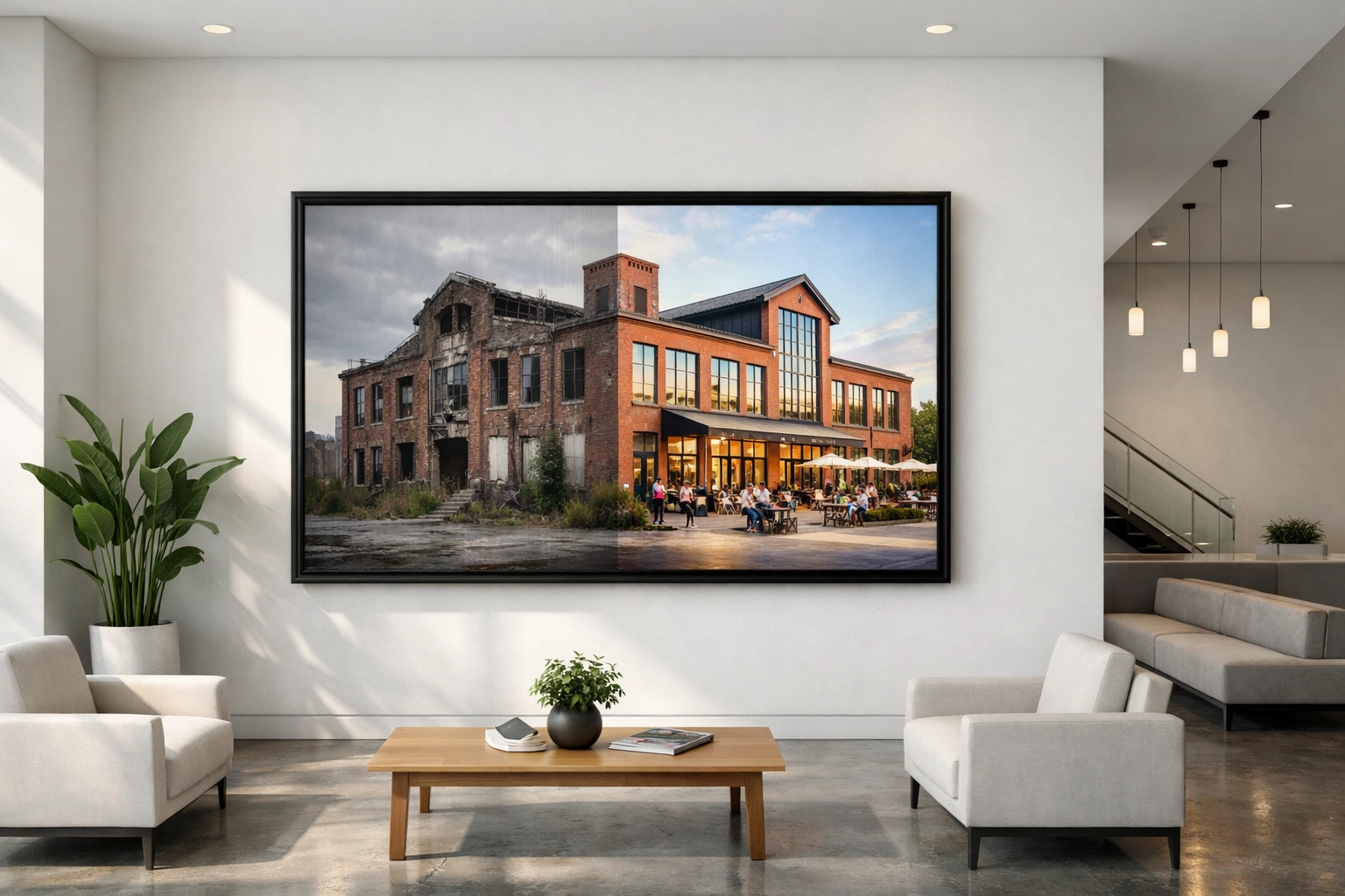 Large lenticular print in a corporate lobby showing a historic building restoration before and after.