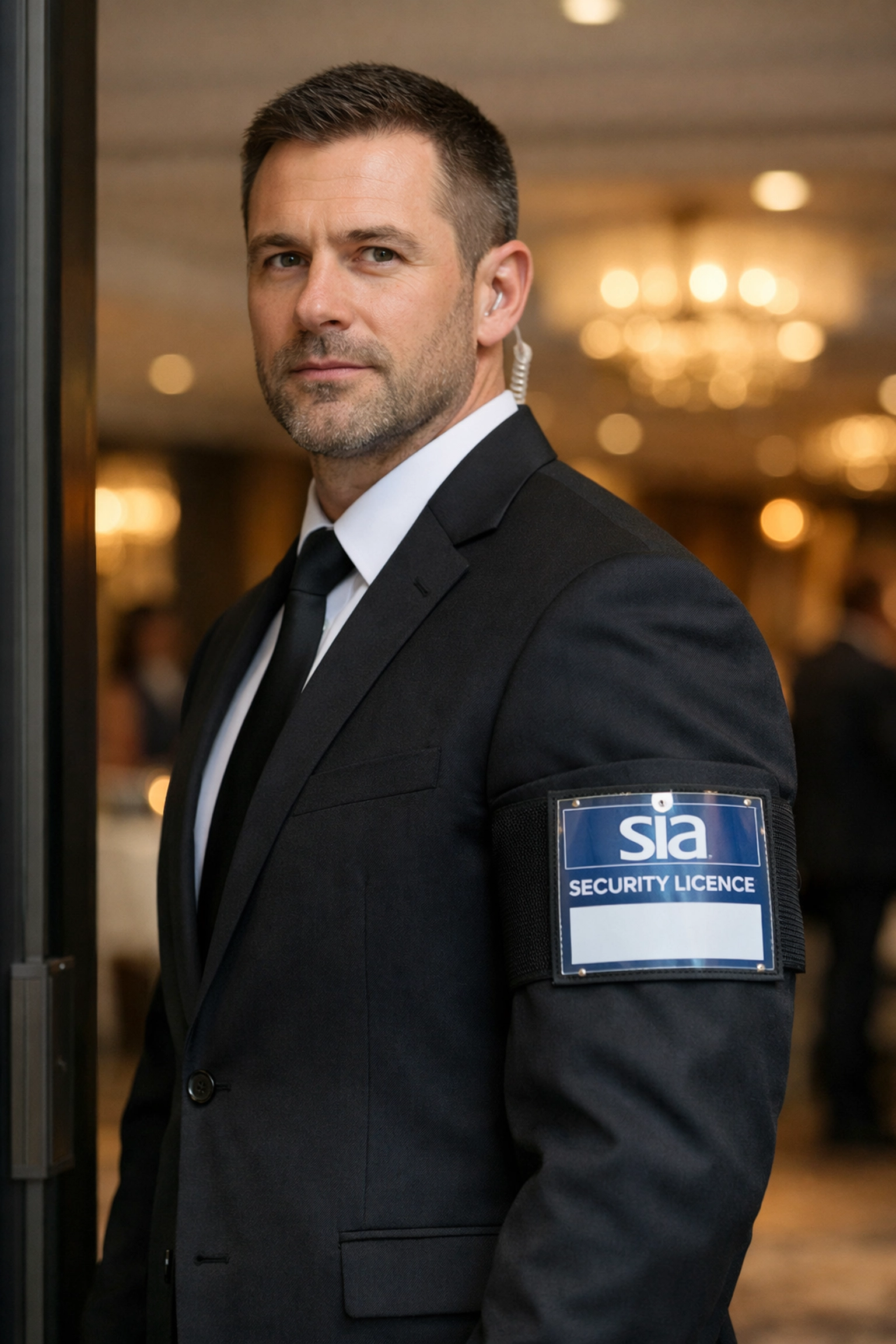 SIA licensed security operative providing professional protection at an upscale corporate function.