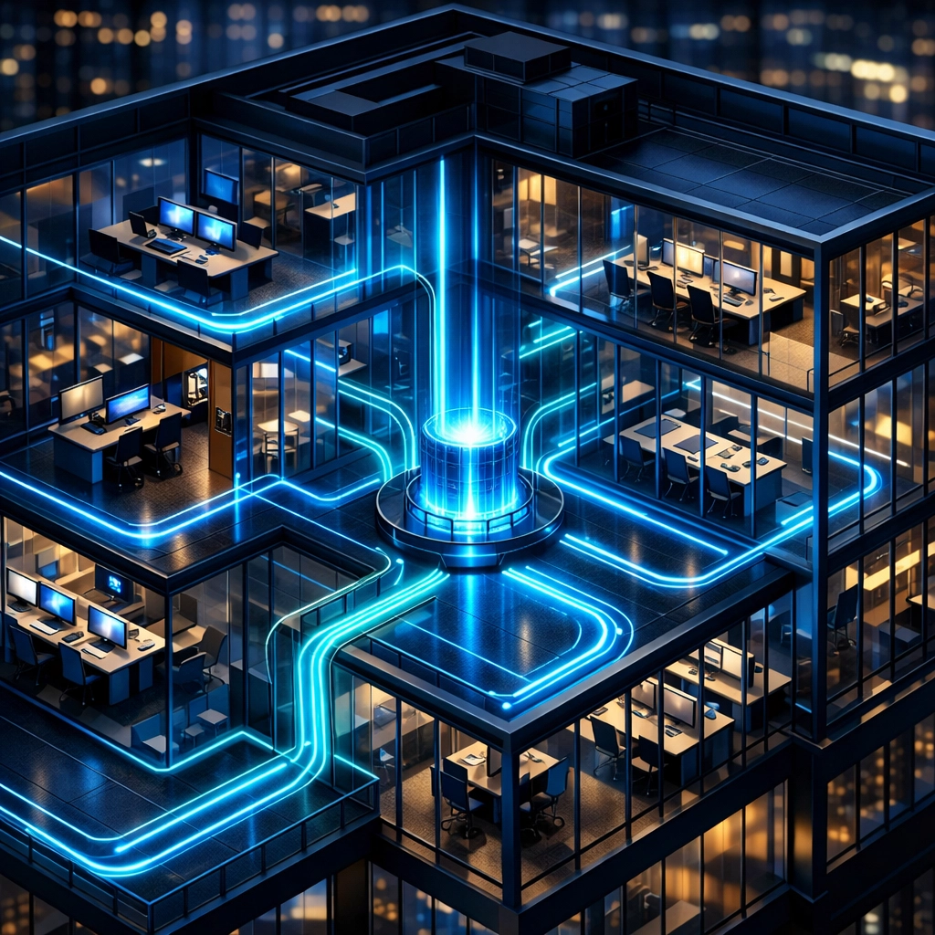 Modern office building with fiber optic data paths representing high-speed business internet in Canada.