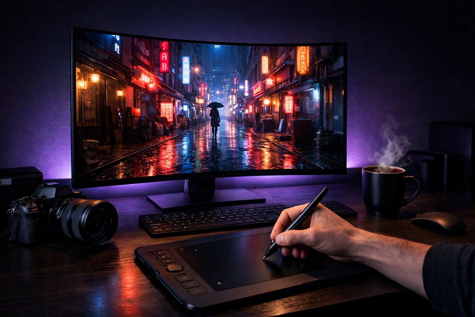 Modern editing suite with a mirrorless camera and monitor displaying professional AI photo editing.