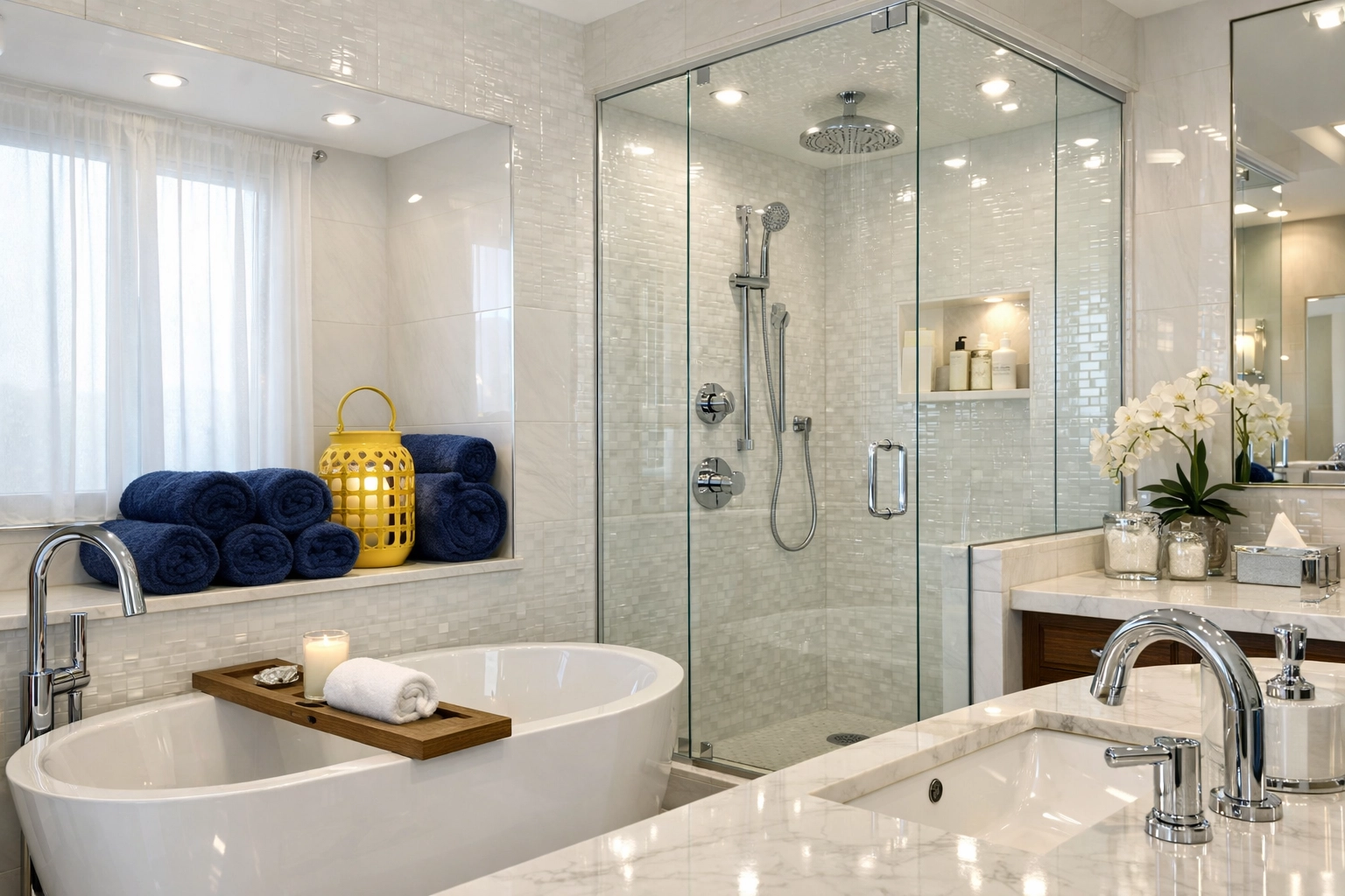 Sparkling luxury bathroom with shiny fixtures kept in show-ready condition by weekly house cleaning.